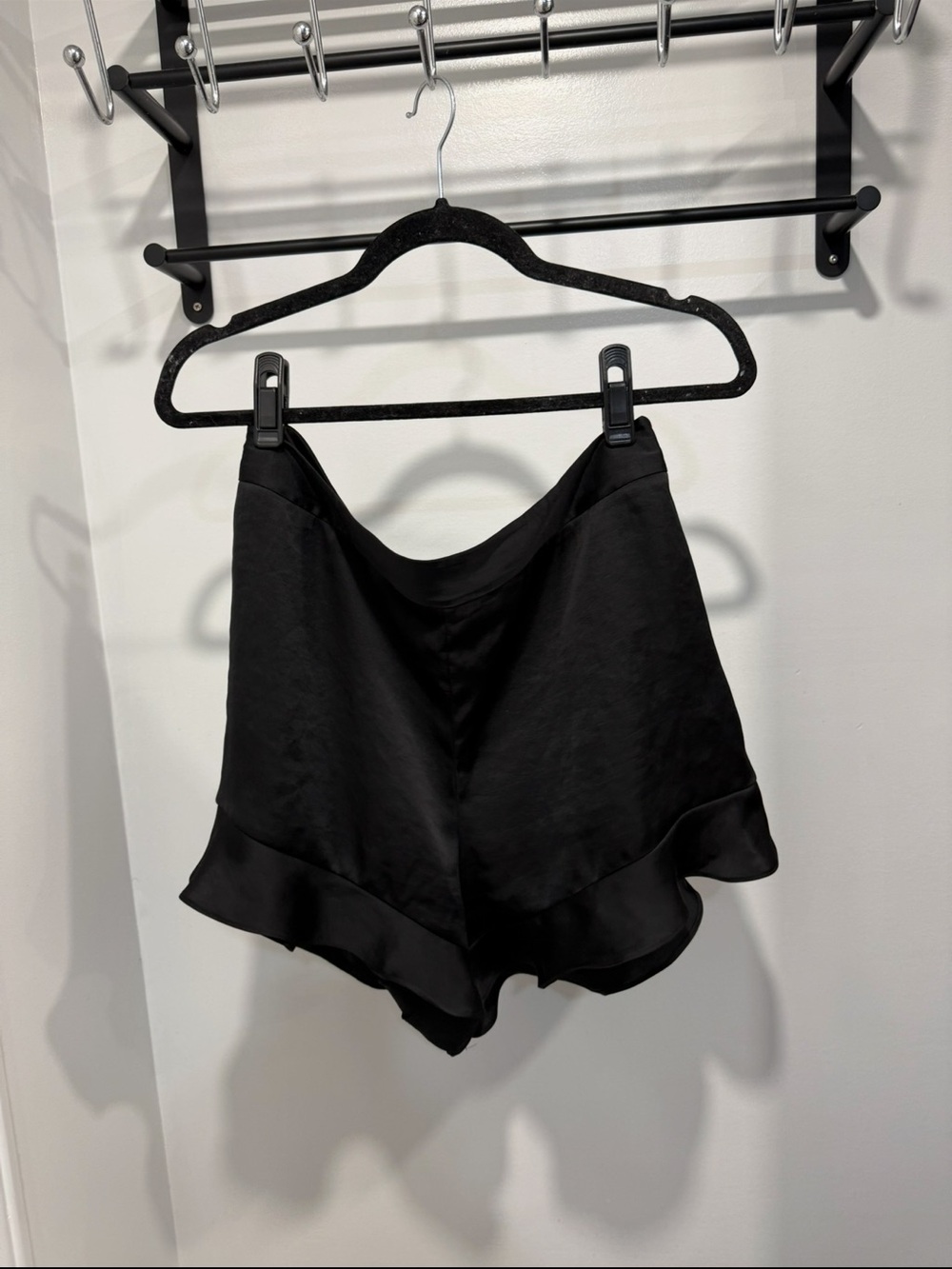 Wilfred Black Satin Ruffle Hem Shorts